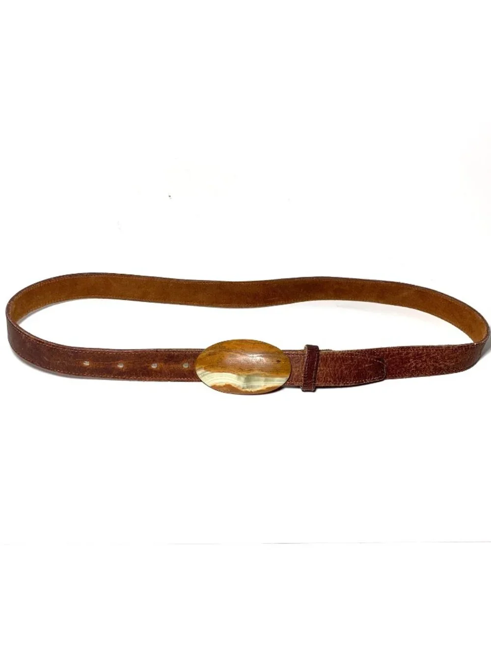 Vintage Genuine Leather Western Boho Belt Banded Agate Onyx Stone Buckle 29-34